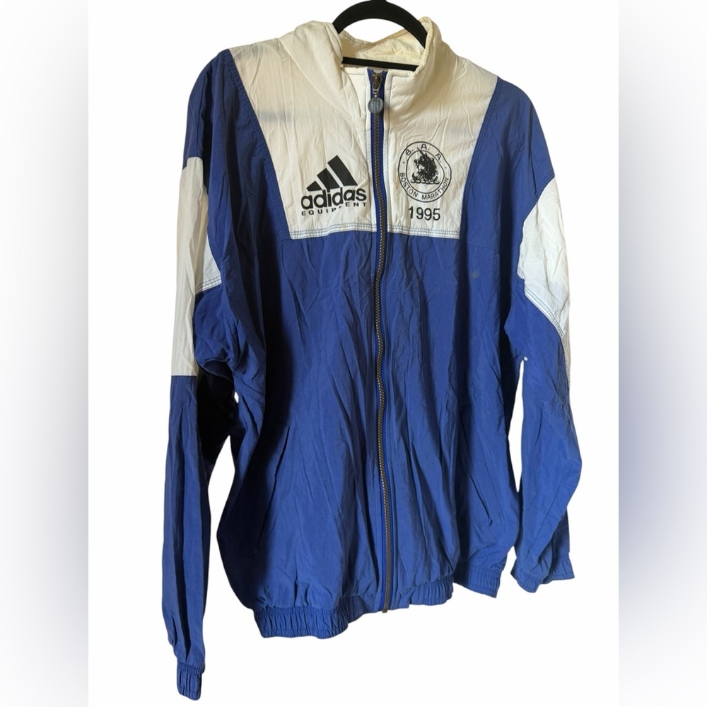 Vintage adidas 1995 Boston Marathon Colorblock Windbreaker - Blue & White - Picture 2 of 11